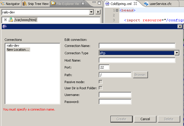 Screenshot des Dialogs zum Einrichten einer SFTP-Verbindung in Eclipse